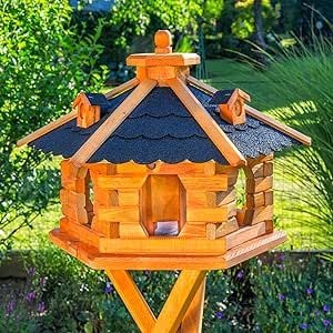 Deko-Shop-Hannusch Vogelhaus wahlweise mit Ständer und Solarbeleuchtung, Verschiedene Größen L - XXL, Futtersilo, wetterfestes Bitumendach(Größe Standard L, Dach schwarz)