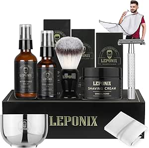 Rasierset für Herren, inkl. Sandelholz-Rasiercreme, Aftershave-Balsam, Vor-Shae-Öl, Rasierpinsel und Schale, Aftershave-Geschenk-Set für Männer, Freund