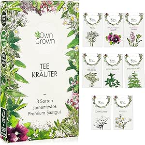 Tee Kräuter Samen Set: 8 Sorten Saatgut für Balkon und Garten – Pfefferminze, Kamille, Anis Samen, Brennnessel, Malve – Kräutersamen – Tee – Tee Box – OwnGrown Kräuter