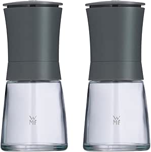 WMF Trend Mühlenset 2tlg, Salz- und Pfeffermühle unbefüllt, Glasbehälter, Keramikmahlwerk, Mühle für Salz, Pfeffer, Gewürze, grau